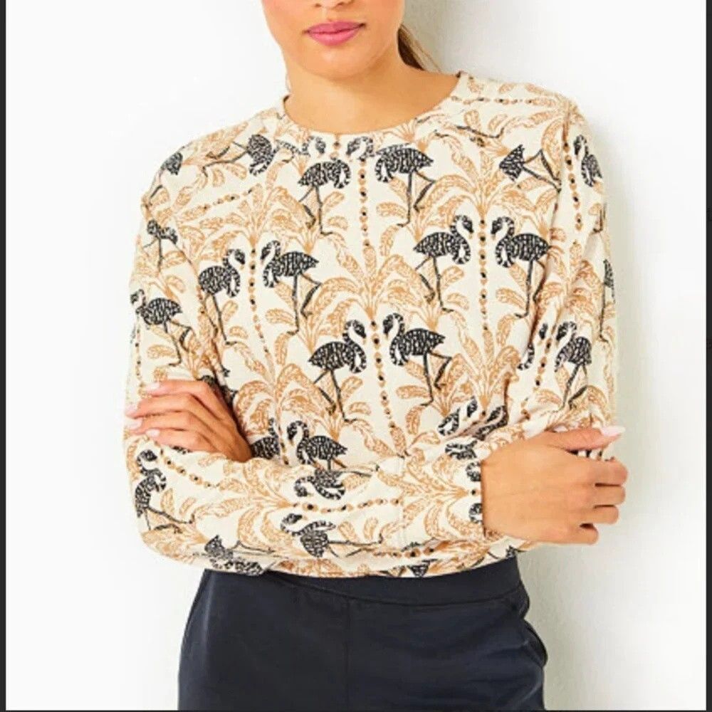 Lilly Pulitzer Everglade Long Sleeves Sweatshirt Top Flamingo Printed M 287874